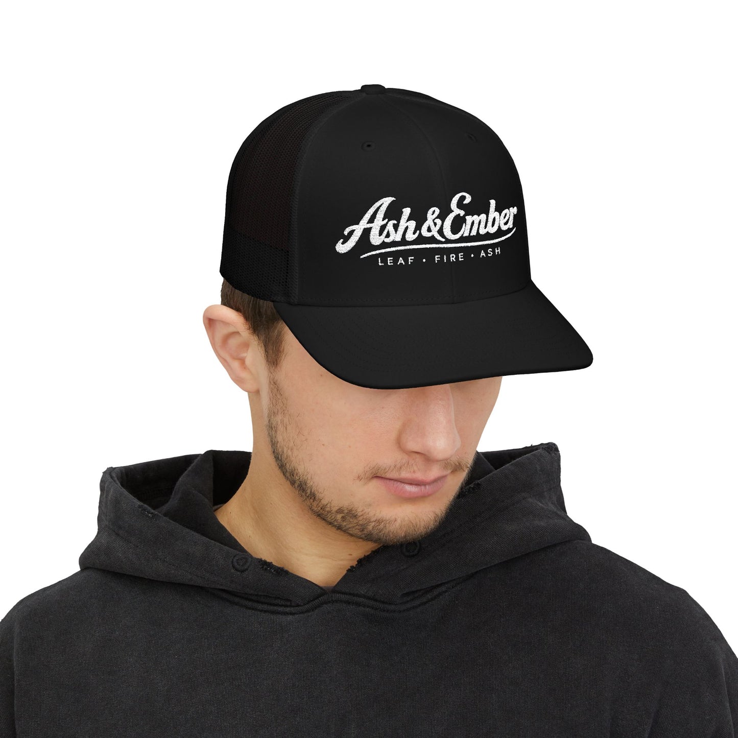 Embroidered Trucker Hat – 'Ash & Ember' Logo Snapback