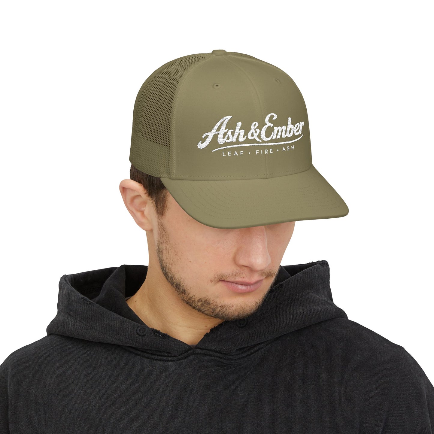 Embroidered Trucker Hat – 'Ash & Ember' Logo Snapback